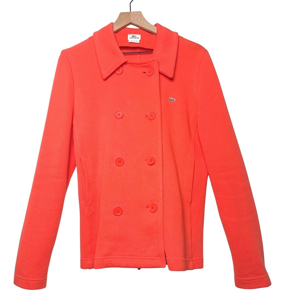 Lacoste Womens Coral Orange Double Breasted Cotton Knit Jacket Made in France 44